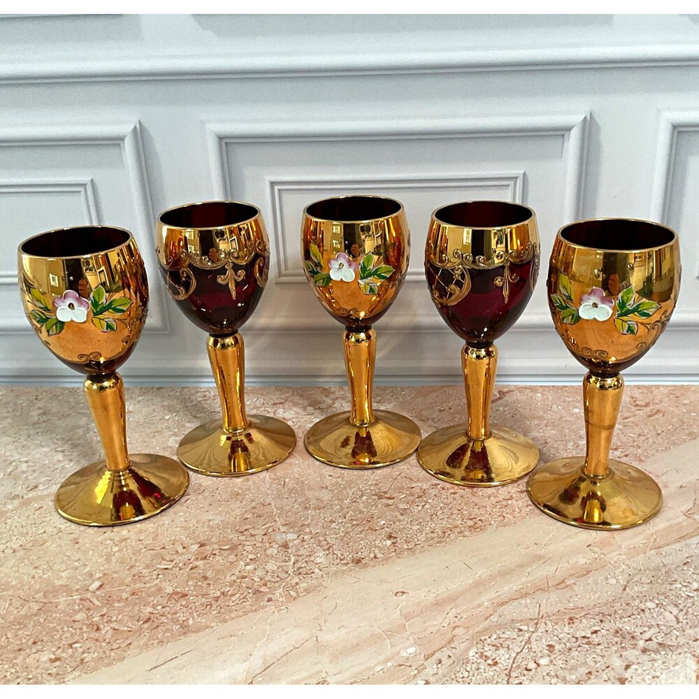 Set of 5 Red,Gold Murano Stemmed Hand Painted Floral Decorated Wine Glasses